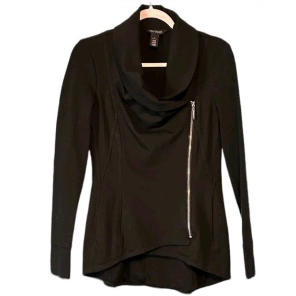 WHBM 4 Jersey Knit Asymmetrical Black Full Zip Moto Jacket Cowl Neck Pockets